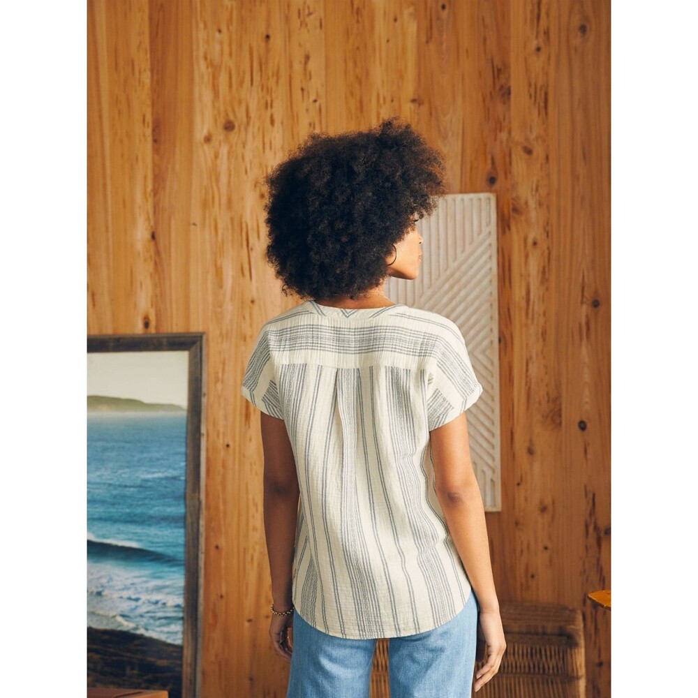 Faherty Dream Organic Cotton Gauze Desmond Top Size Large Cream Tidal Wave Dobby - Picture 2 of 13